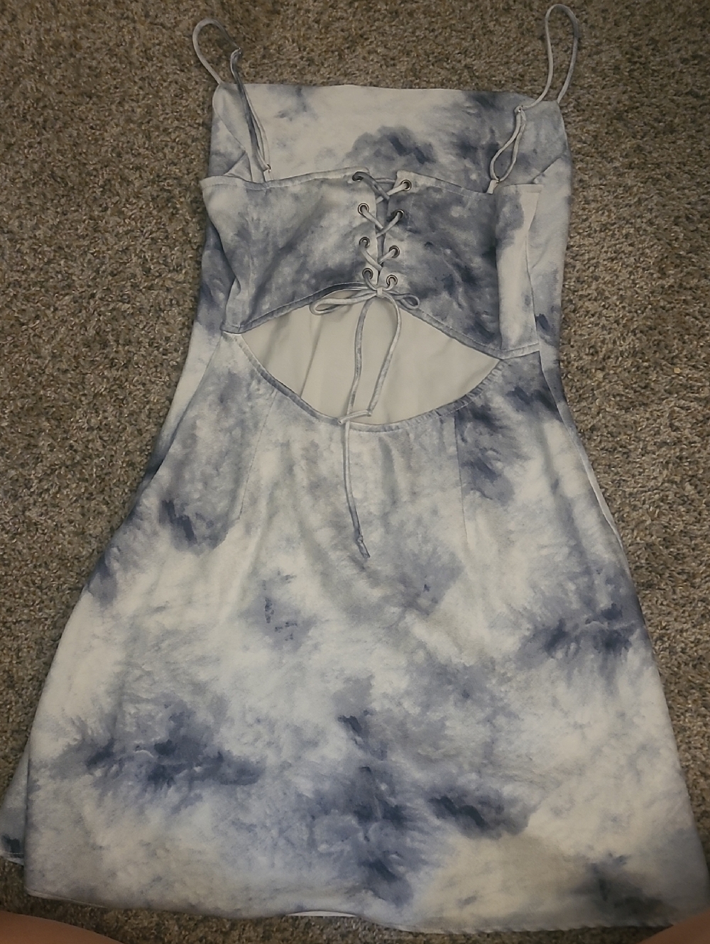Tie-Dye Cutout Lace-Up Spaghetti Strap Dress - Blue/White